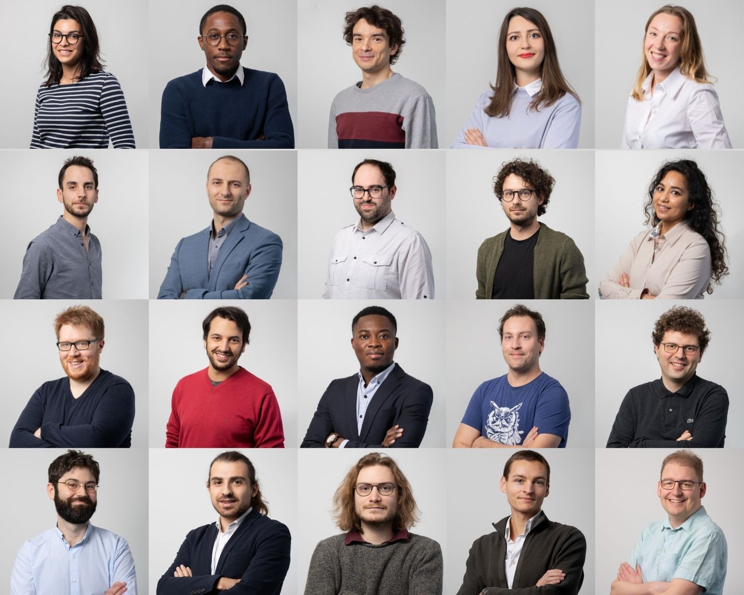 Professional headshot portraits of diverse team members arranged in a grid layout against a neutral background.