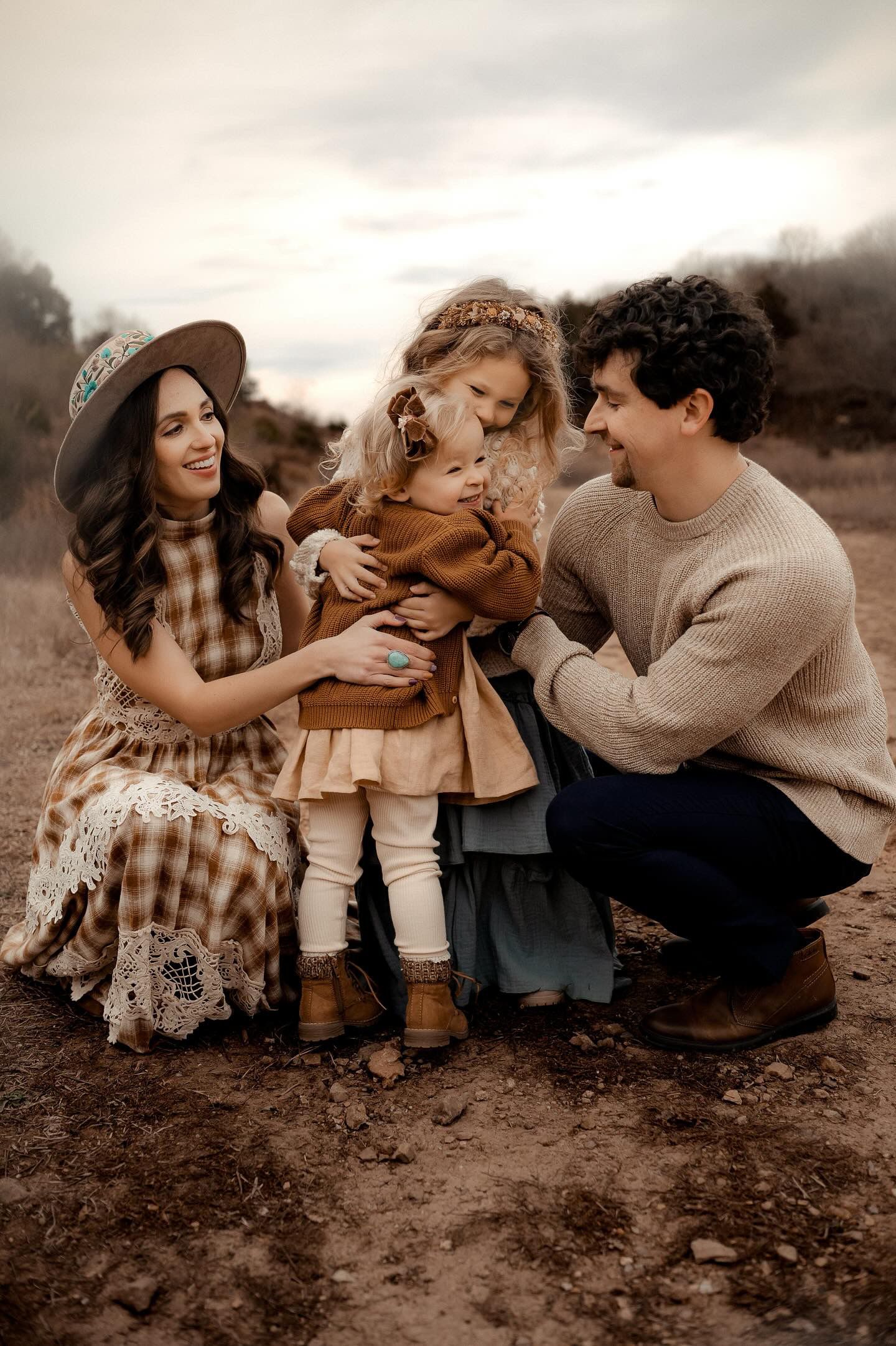Candid family moments captured in sequence showing joyful interactions on a dirt path.