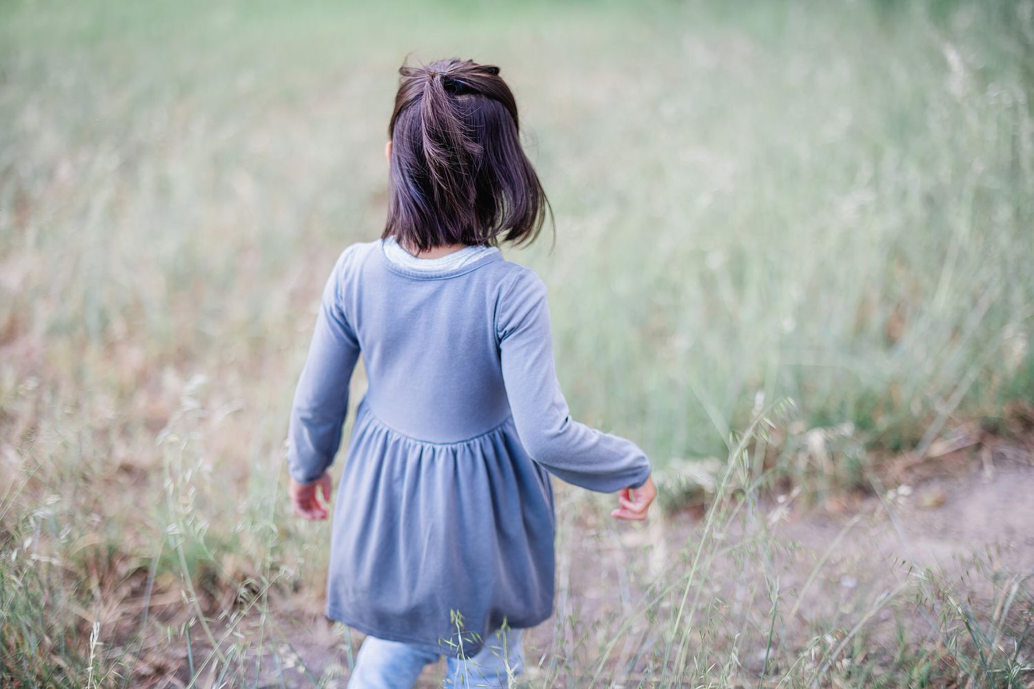 Young girl in blue dress walking in tall grass field viewed from behind.