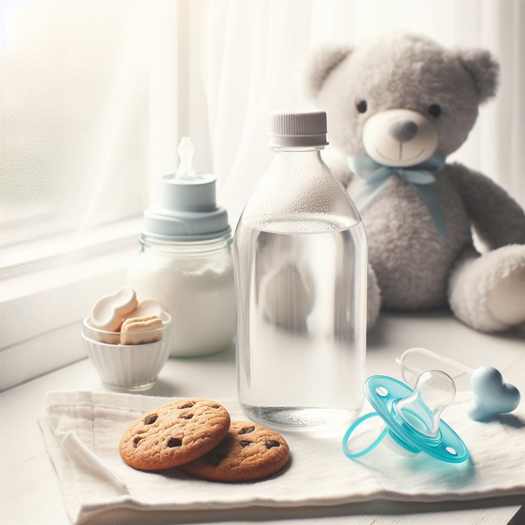 a bottle of water, baby toy and dummies on a windowsill