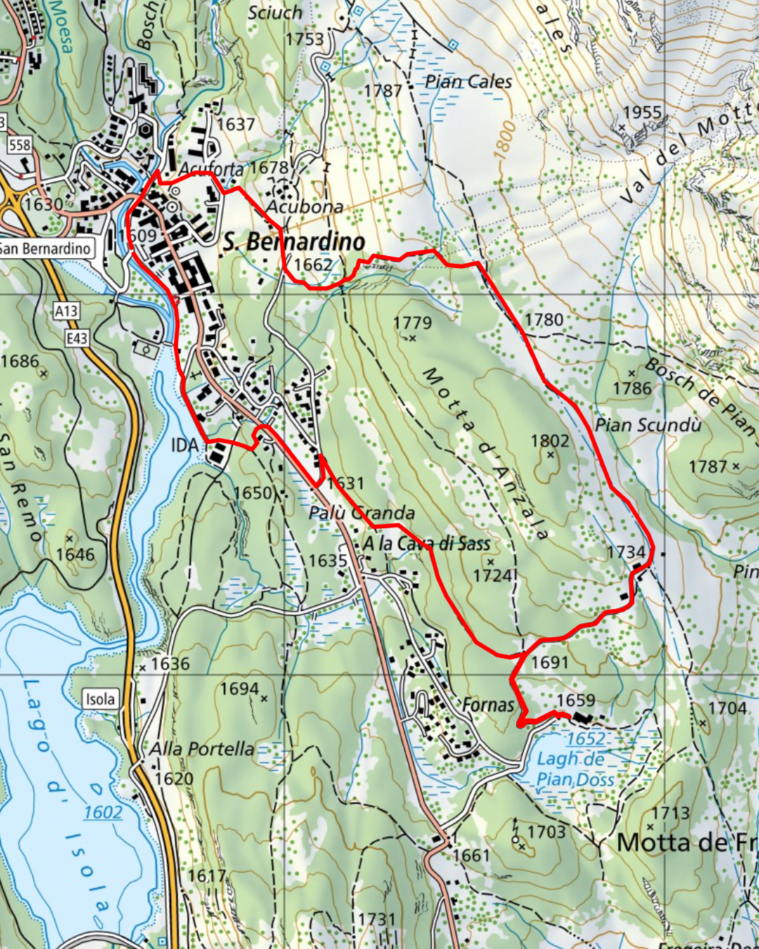 Topographic hiking map showing trails and routes around San Bernardino in mountainous terrain.