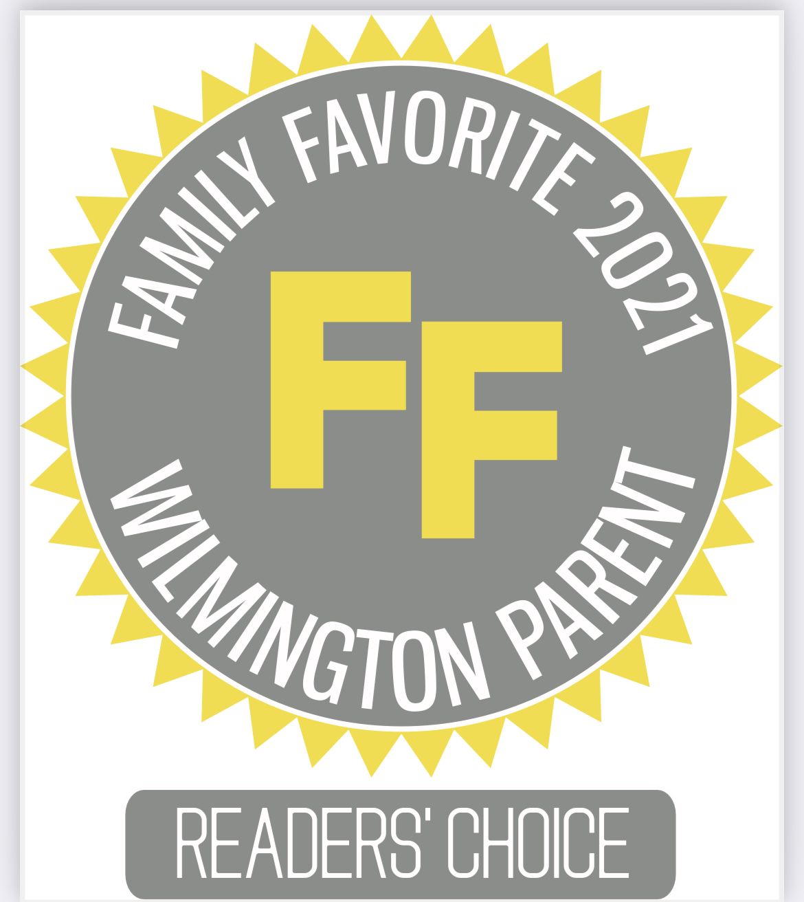 Yellow and grey circular Family Favorite 2021 Wilmington Parent Readers Choice award badge.