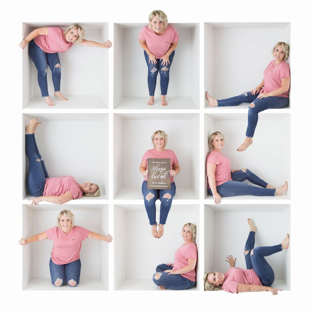 Creative photo collage of a blonde woman in pink shirt and jeans posing in white box shelves.