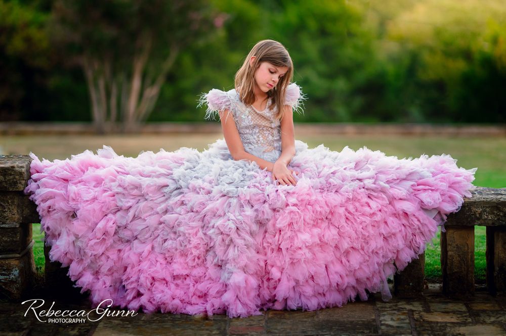Princess child couture pink and gray ombre gown dress at Tulsa area park photographer