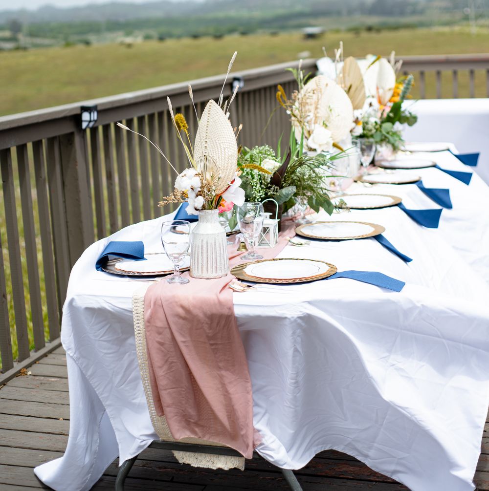 Boho Outdoor Wedding Tablescape Dried Floral Runner Gold Micro Wedding Photographer Backyard Palm Navy El Paso, Texas