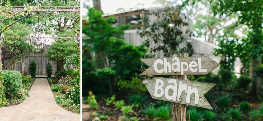 A garden pathway leads to a wooden Chapel Back directional sign among green foliage.
