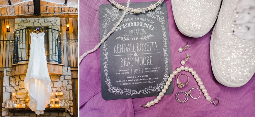 Wedding details including a white dress, chalkboard invitation, and sparkly accessories on purple background.