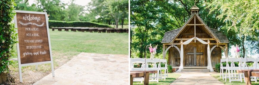 Rustic wedding venue exterior featuring a wooden welcome sign and chapel building.