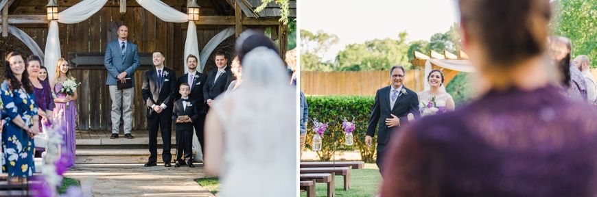 Wedding ceremony attendees gather under a decorated wooden pavilion surrounded by nature.