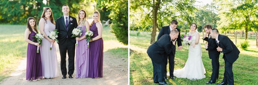 Wedding party poses for formal photos on grassy lawn with purple color scheme.