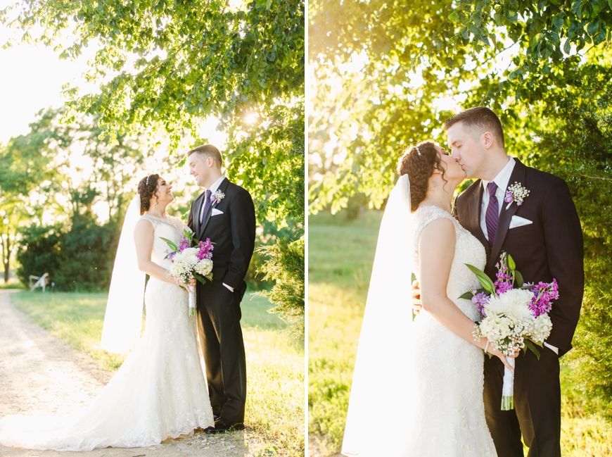 Golden hour wedding portraits of couple standing together under sunlit trees.