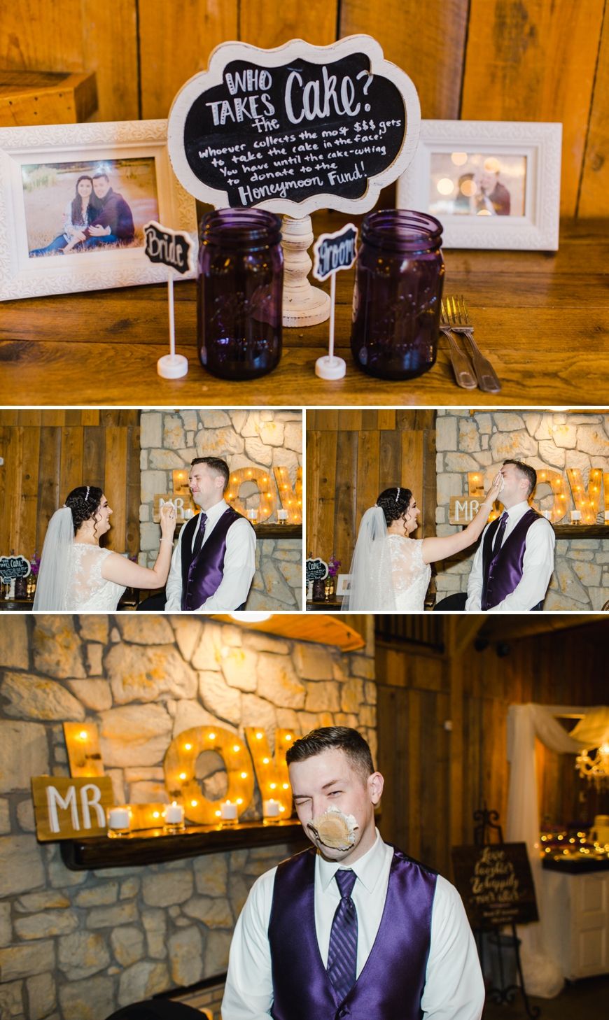 Wedding reception details with mason jars and chalkboard sign on rustic wooden table.