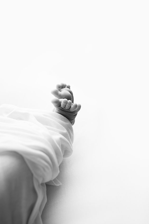 Black and white image of newborn baby girl's tiny toes.  Image is backlit.