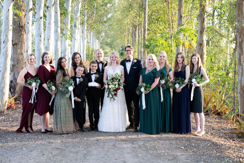 Wedding party poses outdoors with bridesmaids in burgundy, sage and emerald dresses against a backdrop of birch trees.