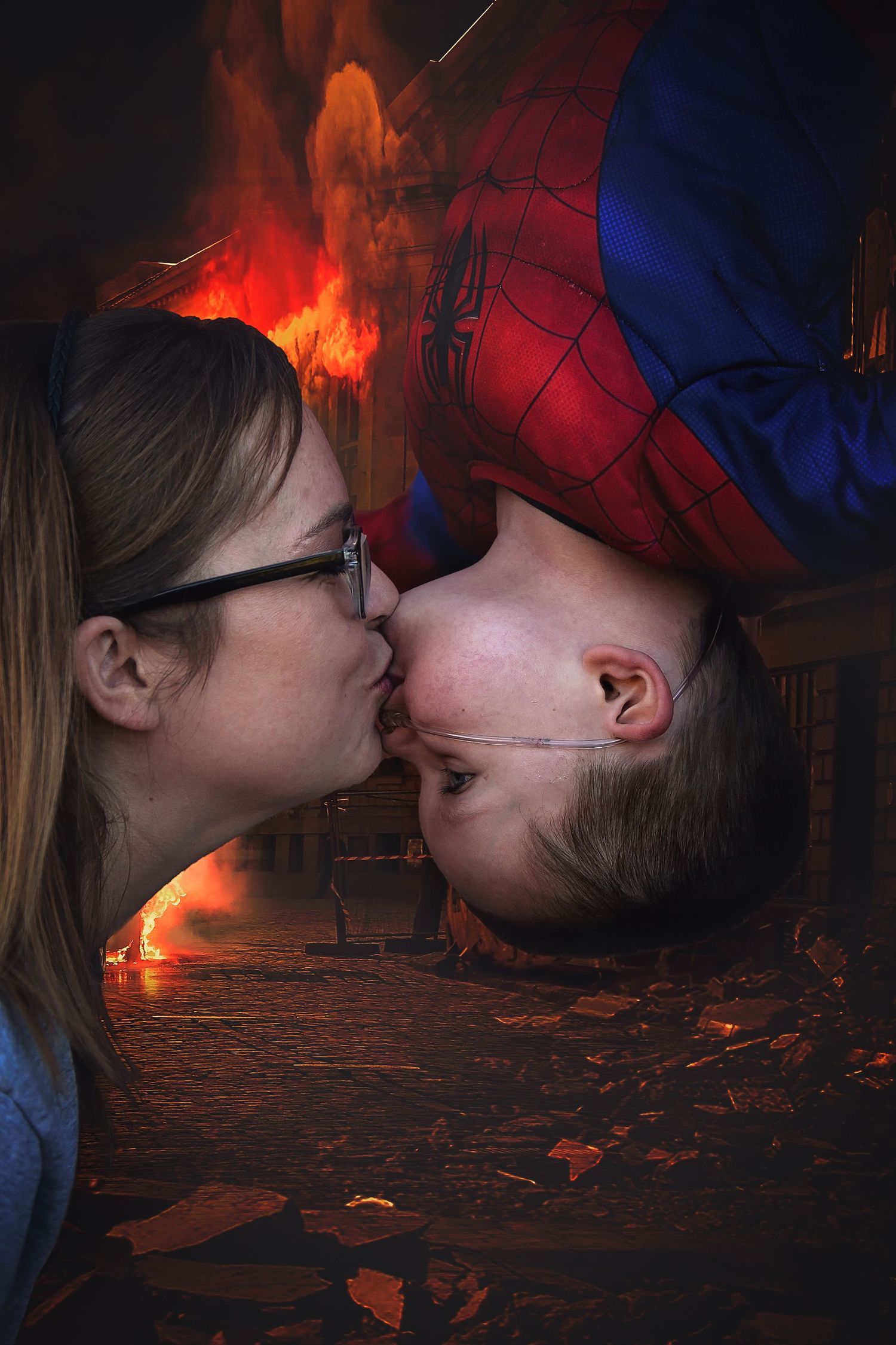 Mom and son kissing spiderman