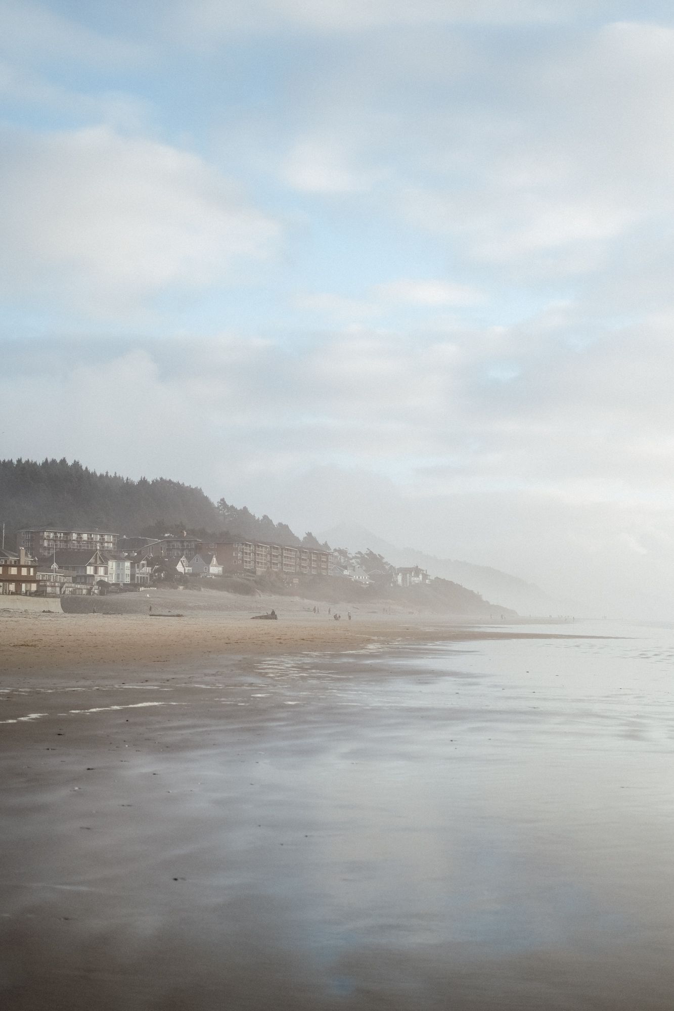 Misty coastal landscape with houses dotting the hillside along a foggy beach.