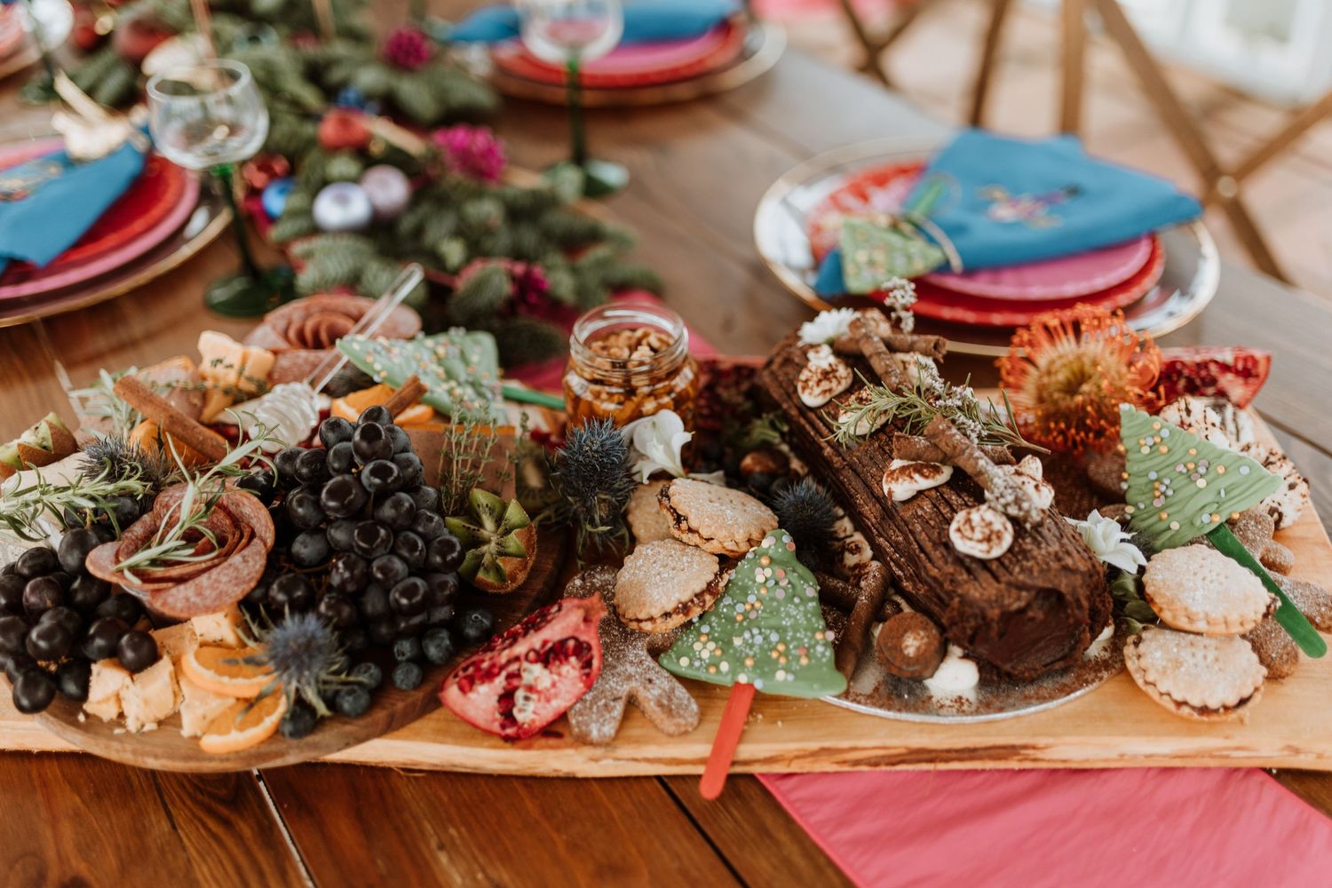 Festive yule log and platter for wedding breakfast