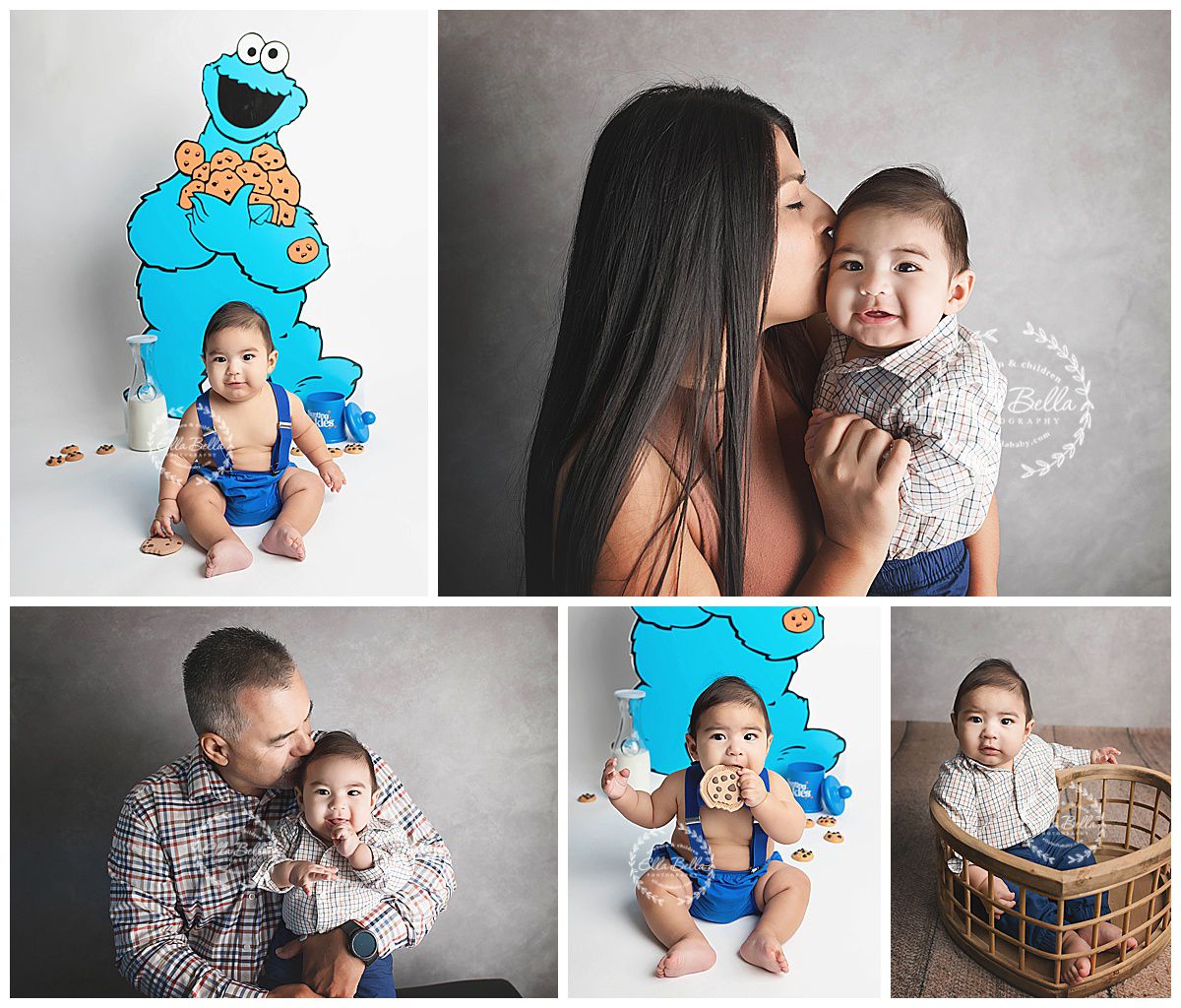Cookie Monster themed photo session collage with blue character cutout.