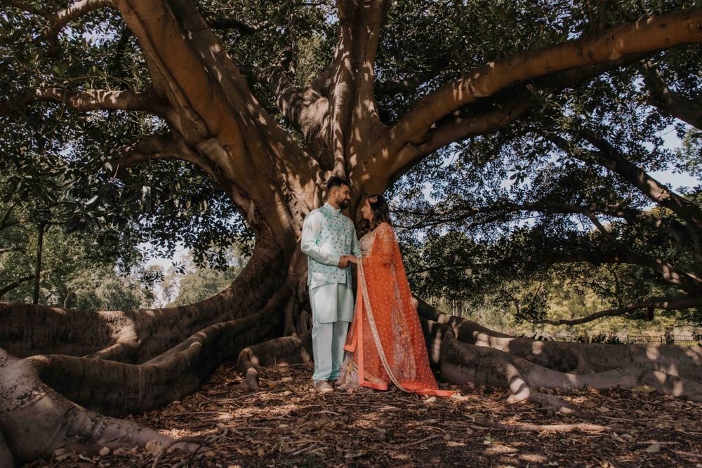 Couple in formal wear standing beneath a massive old tree with sprawling branches.