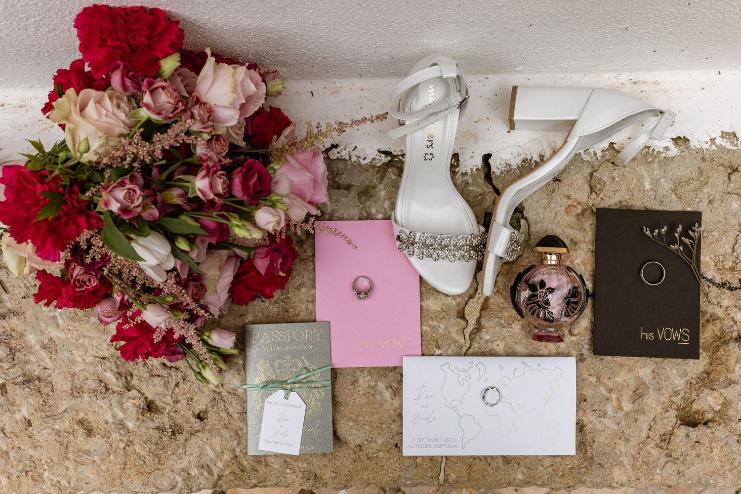 Wedding accessories on a stone surface at Quinta da Bichinha