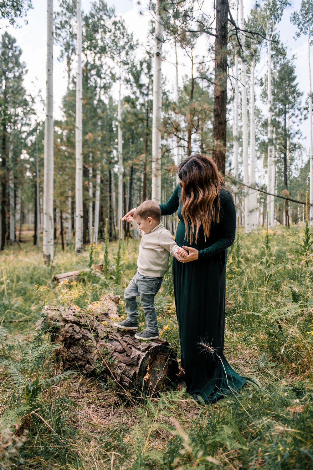 Family members explore together in a serene forest with white birch trees and yellow wildflowers.