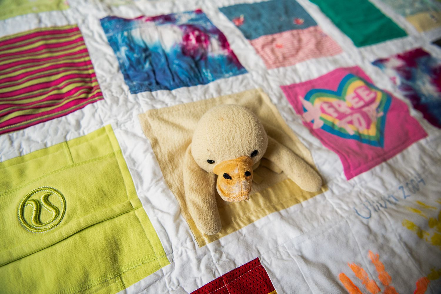 A ducky baby blanket is incorporated into a French Window Pane memory quilt.