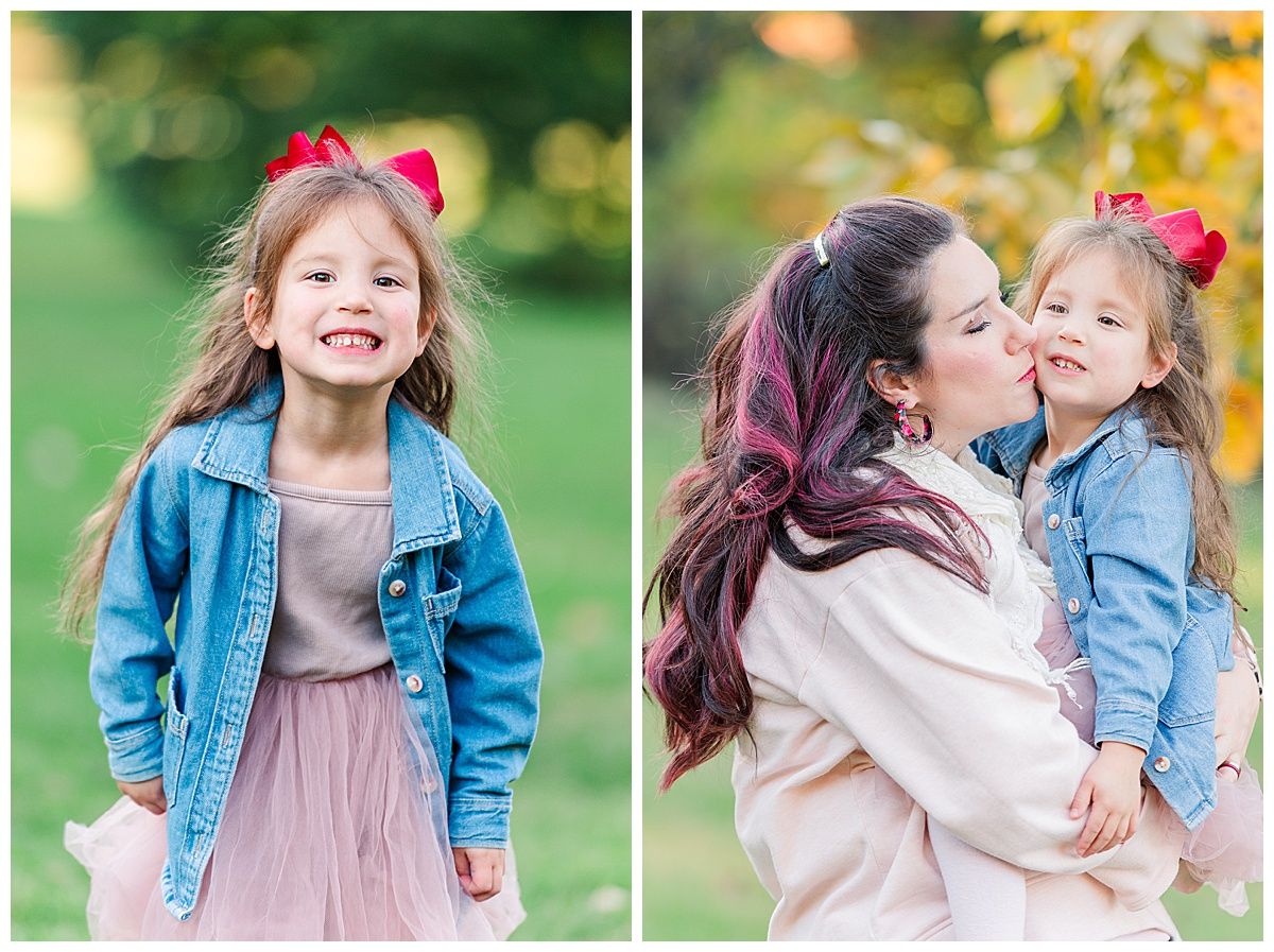 Young girl poses for photo and kiss from mom during family photography at Holliday Park in Indianapolis Indiana
