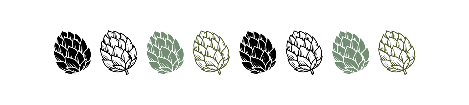 Row of decorative hop illustrations in black, green and gray tones.