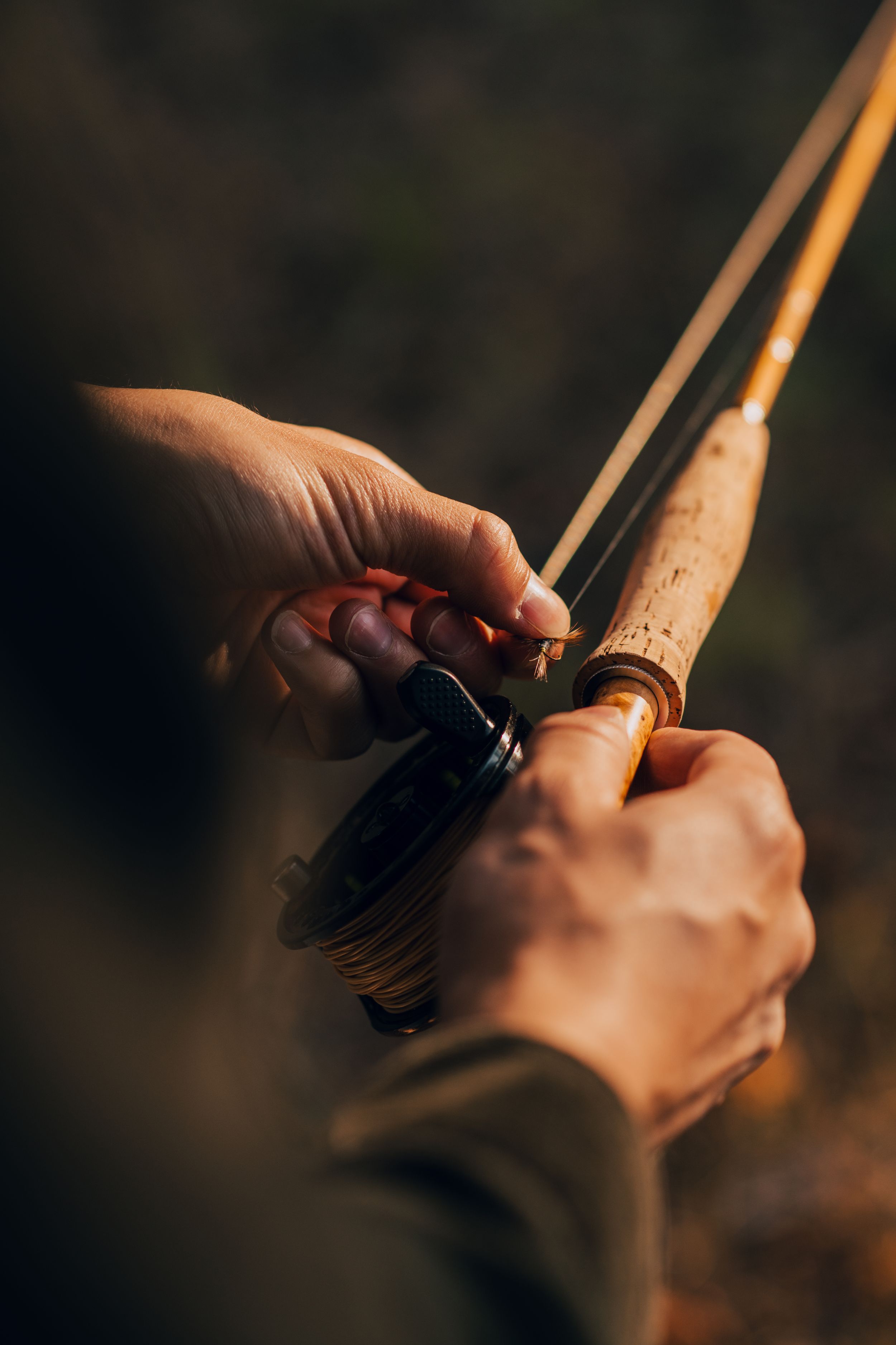 Close-up of hands holding a traditional fishing rod reel in warm sunlight.