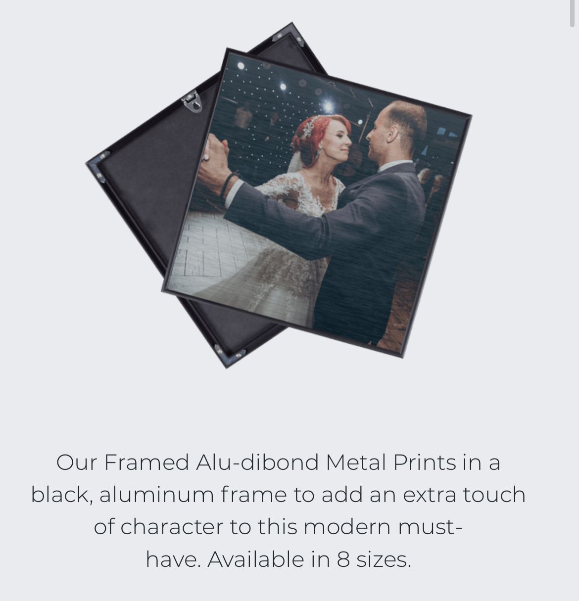 Marketing image showing framed metal prints with product description text.