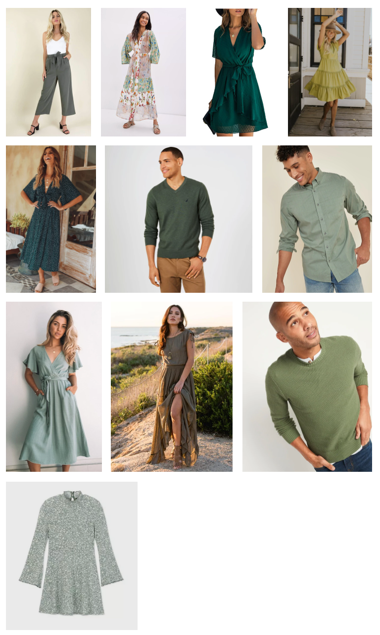 Fashion collection featuring sage green and teal colored casual clothing and dresses.