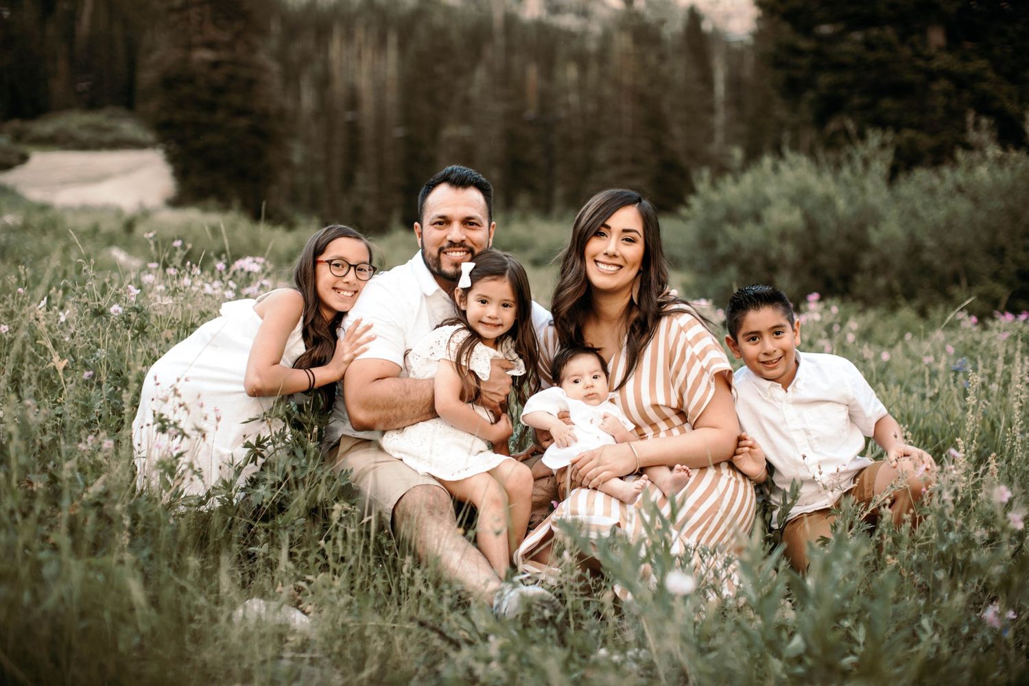 Tucson family portrait of parents and kids lying in tall grass, smiling and cuddling their baby during golden hour.
