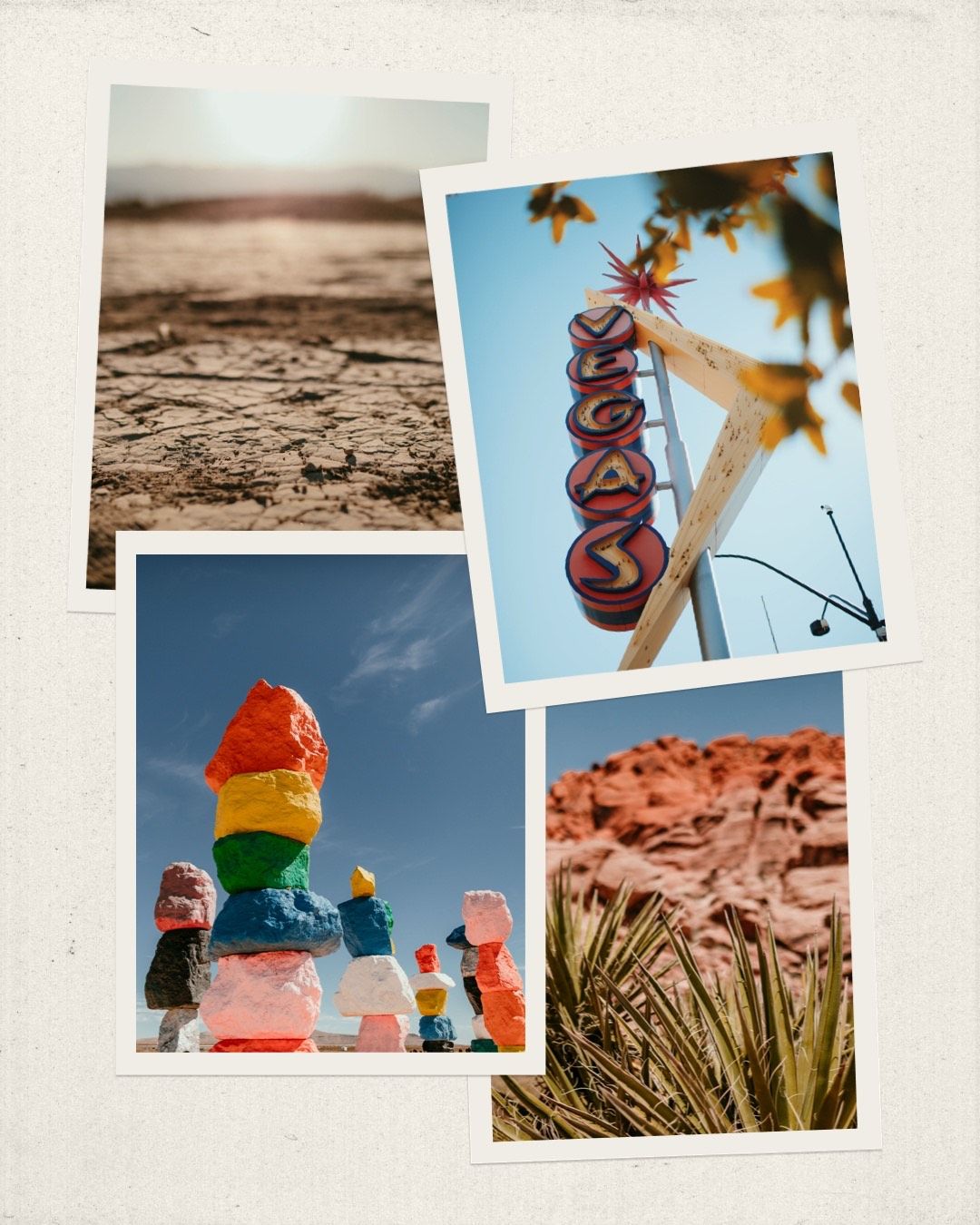 collage of images from nevada seven magic mountains vegas sign dry desert cracks travel photography