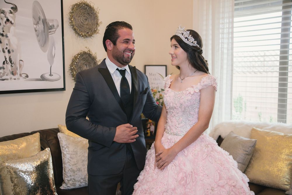 father and daughter smiling. Verona Event Center. Pharr, Texas. Wedding photography