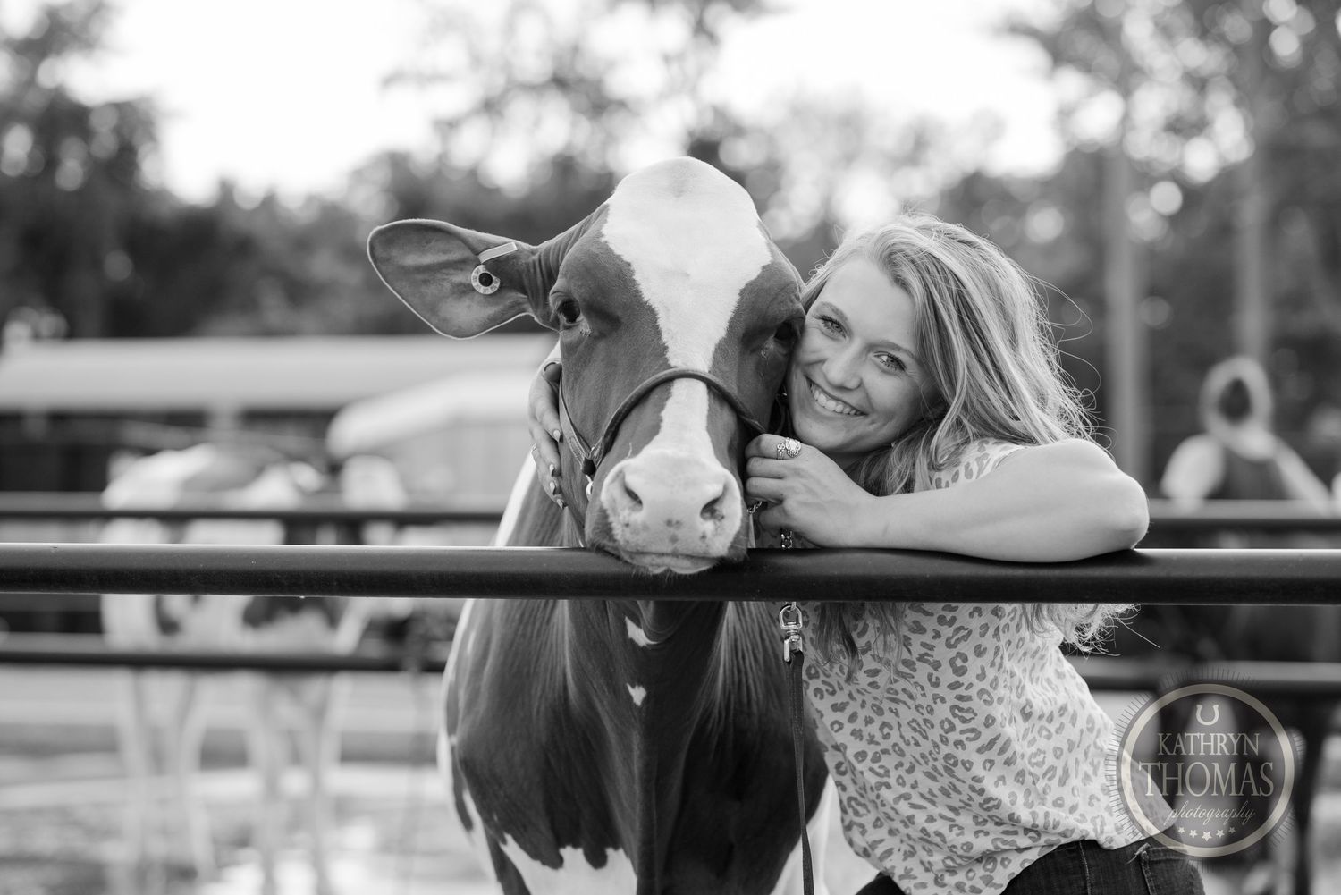 A black and white portrait of a dairy cow and person sharing a tender moment at a fair.