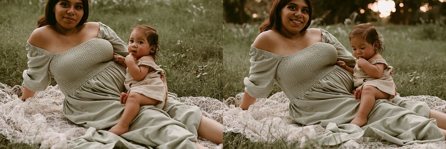 A series of candid outdoor photos showing parent and baby bonding on a white lace blanket at sunset.