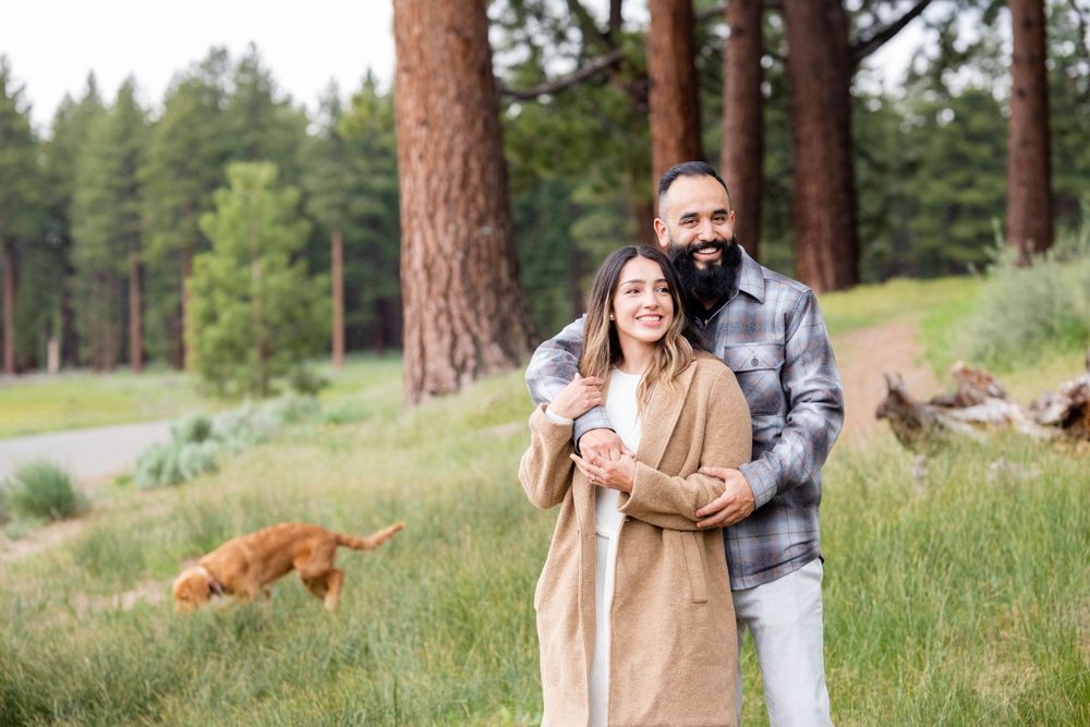 A couple embraces on a grassy hillside in a pine forest with a brown dog in the background.