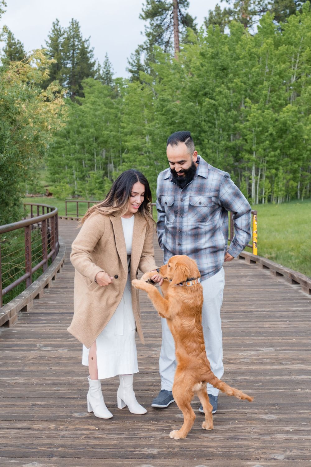 Couple walking their golden retriever dog on a wooden bridge surrounded by green trees and forest landscape.