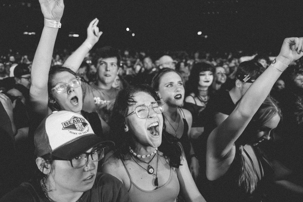 Black and white image of passionate fans cheering at a rock concert.