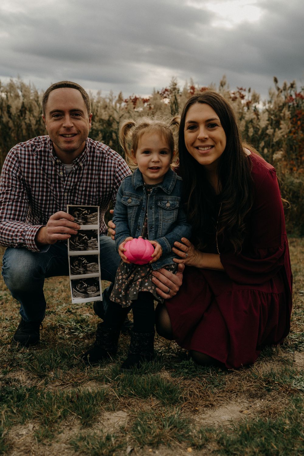 A loving family poses outdoors with ultrasound photos and a pink plush toy amidst tall grass under moody skies.