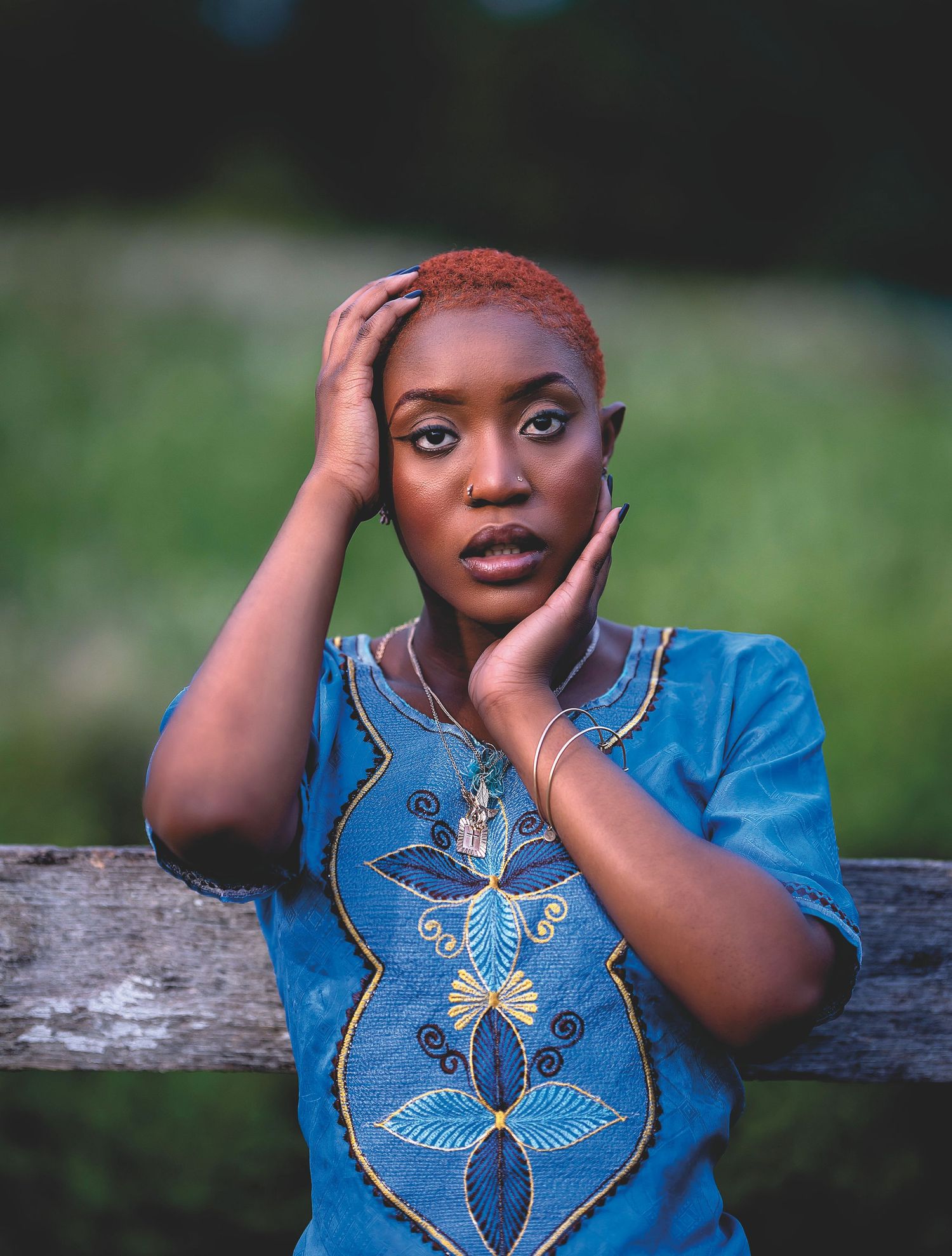 Portrait featuring a blue embroidered top against a rustic wooden fence.