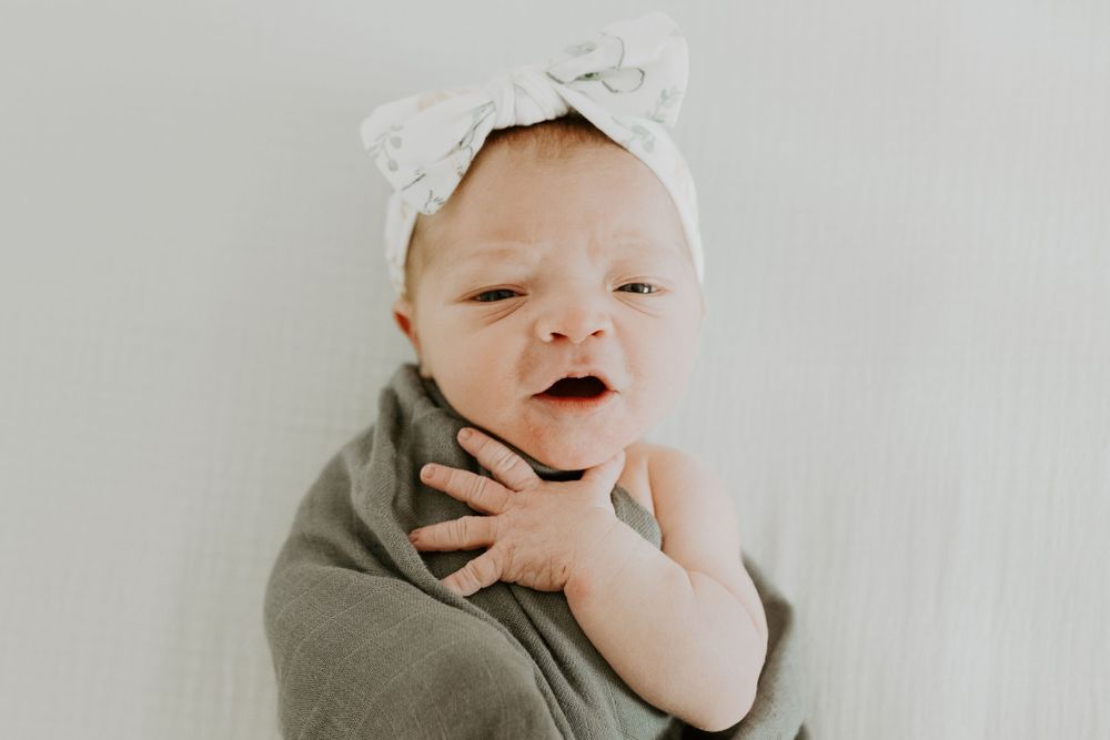 A baby looks up at the camera during her newborn session