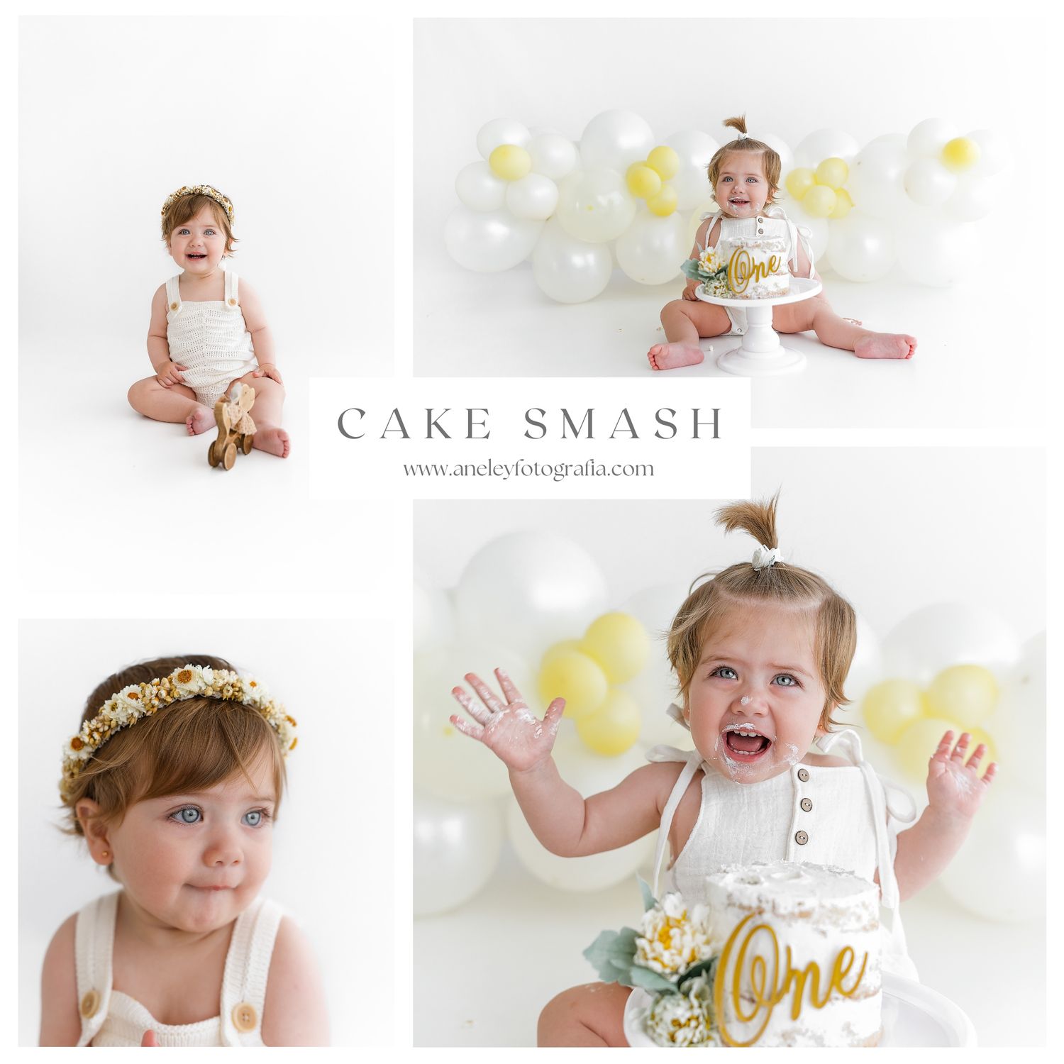 Festive first birthday cake smash photo session with yellow balloons and white decorations.