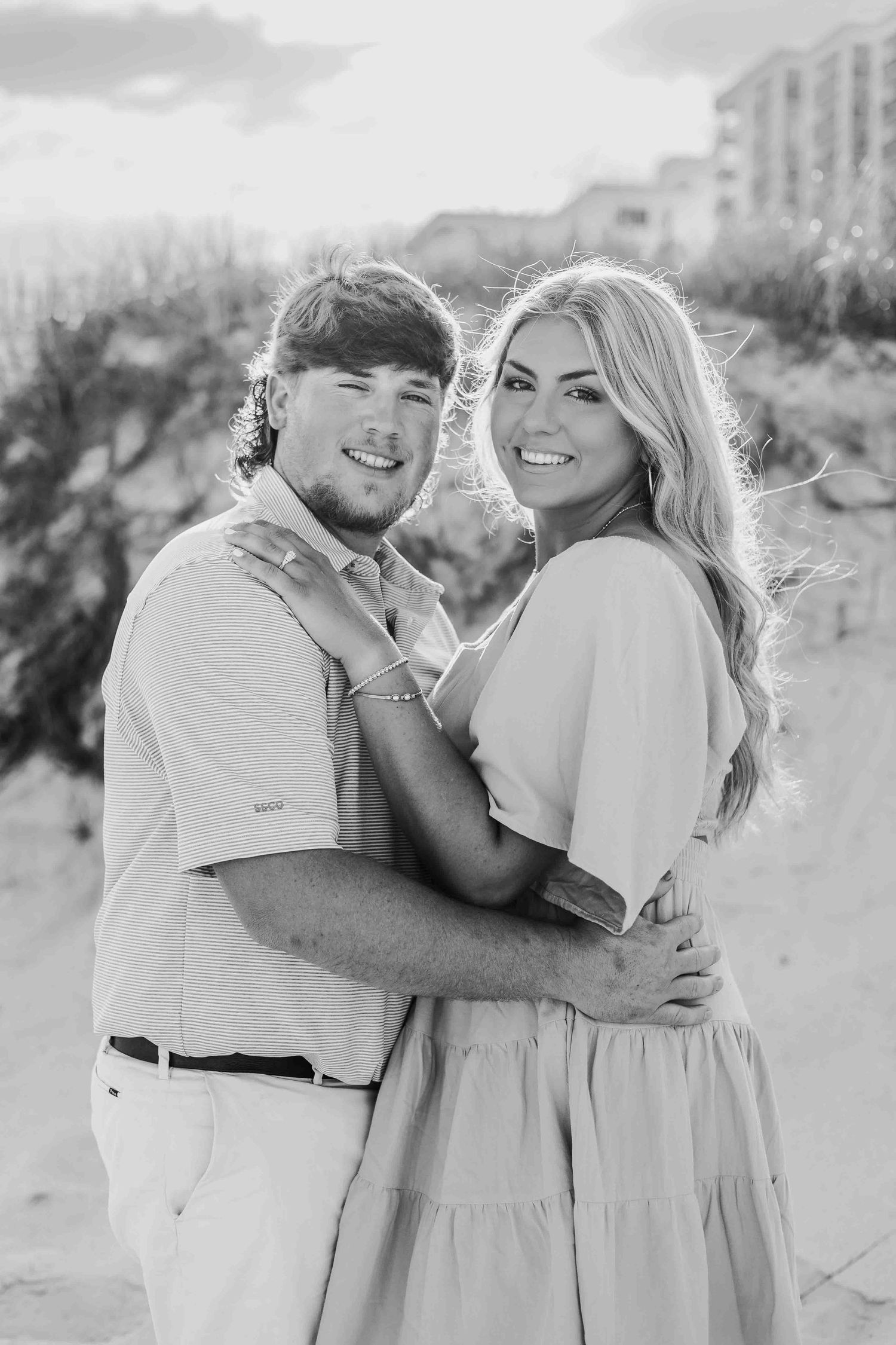 A series of candid beach photos showing a couple's playful interactions.