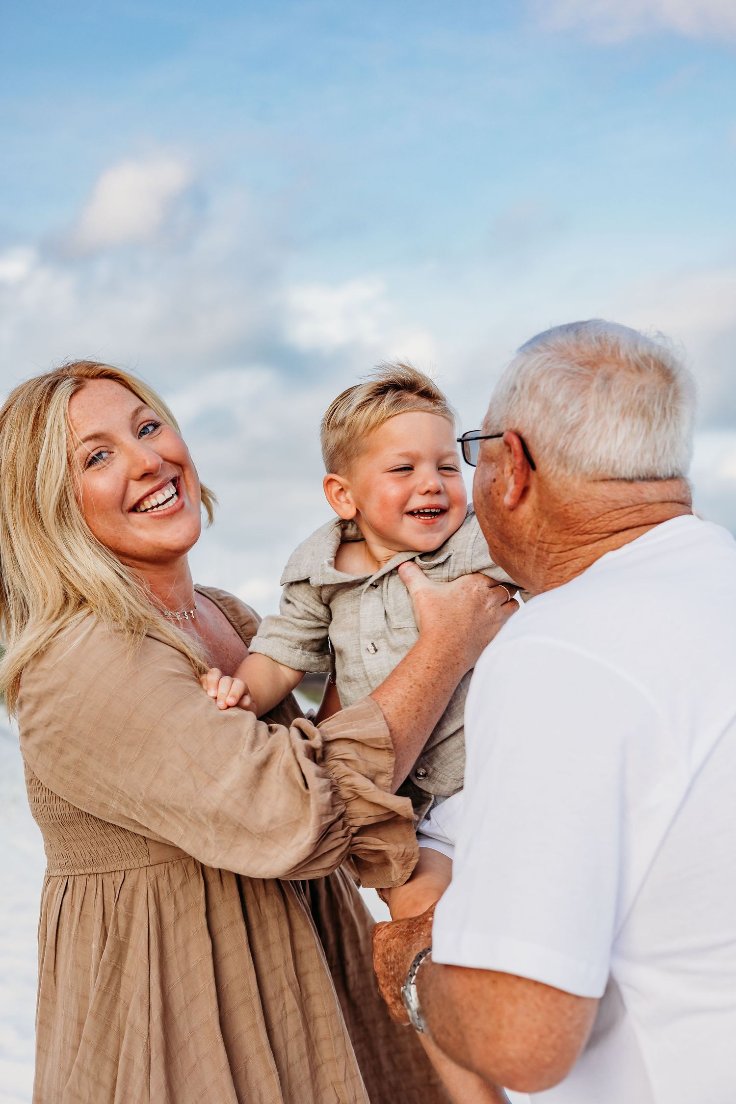 Candid shots of family members playing and laughing together outdoors.