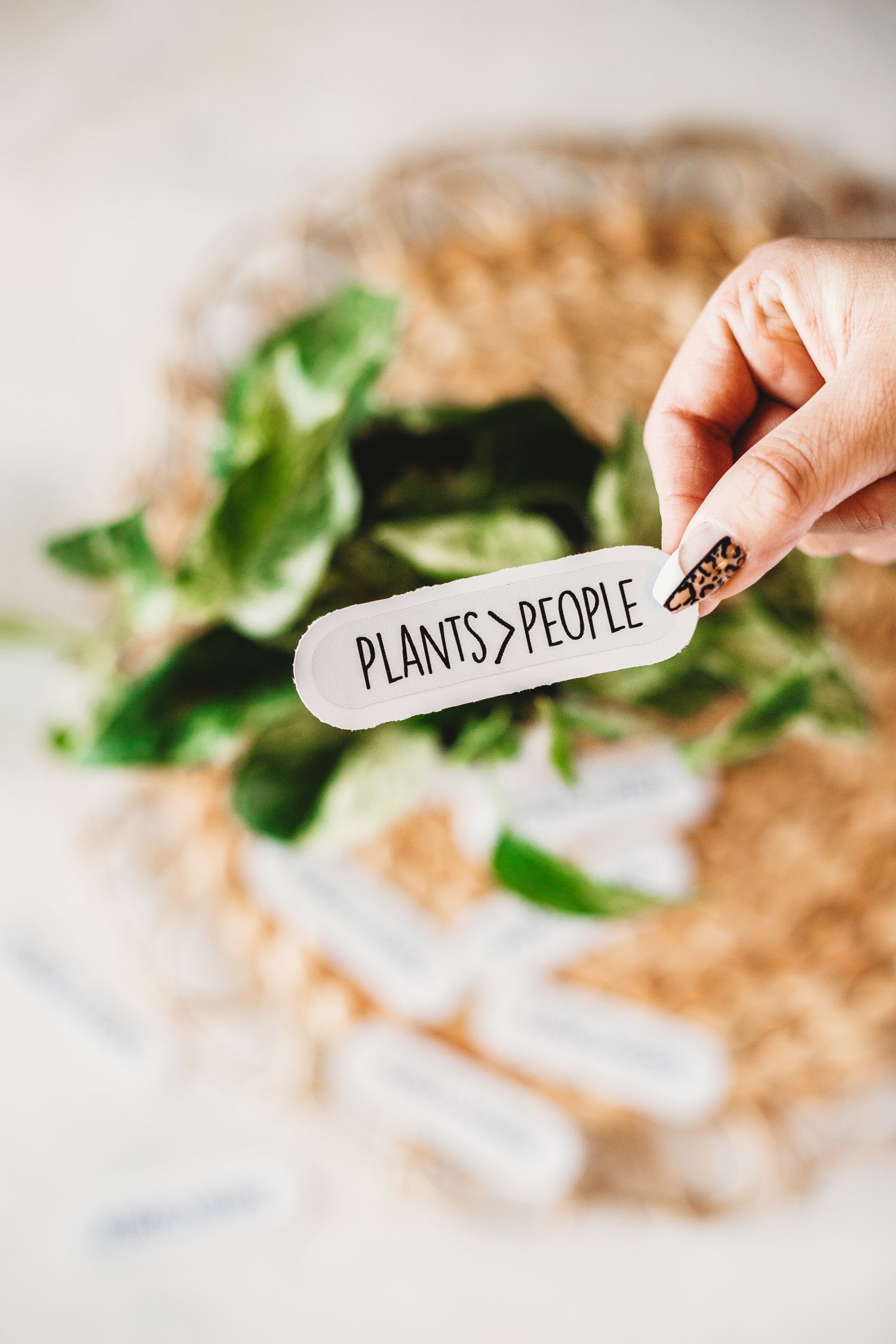 A hand holding a wooden spoon labeled 'PLANTS>PEOPLE' with green leaves in the background.