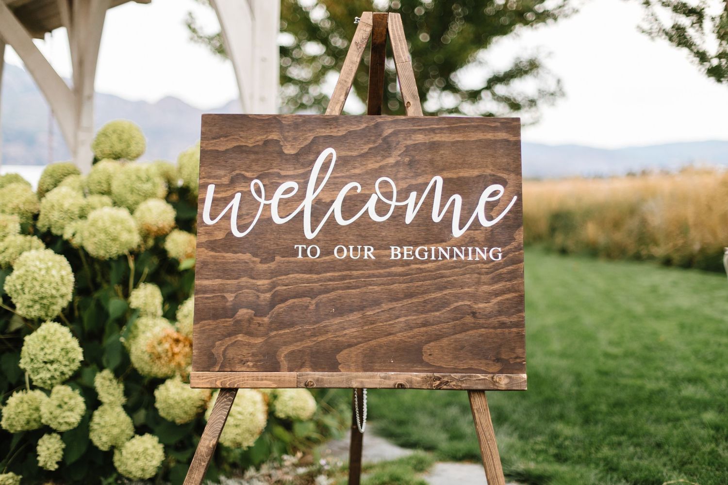 Wooden welcome sign on easel with hydrangeas and mountain view.