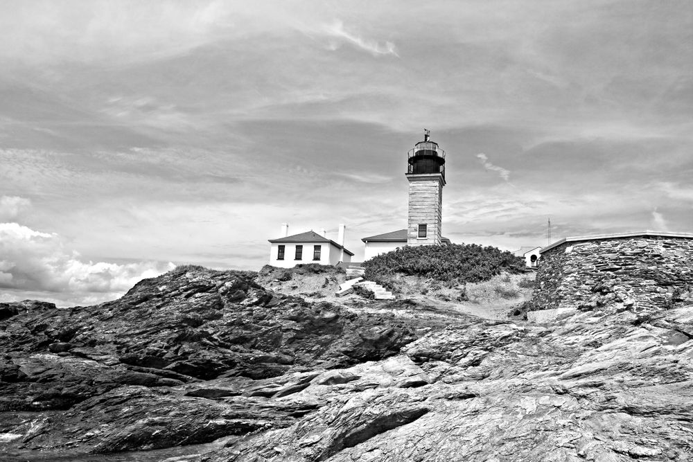 Black and white photo of Beavertail Lighthouse Jamestown Rhode Island