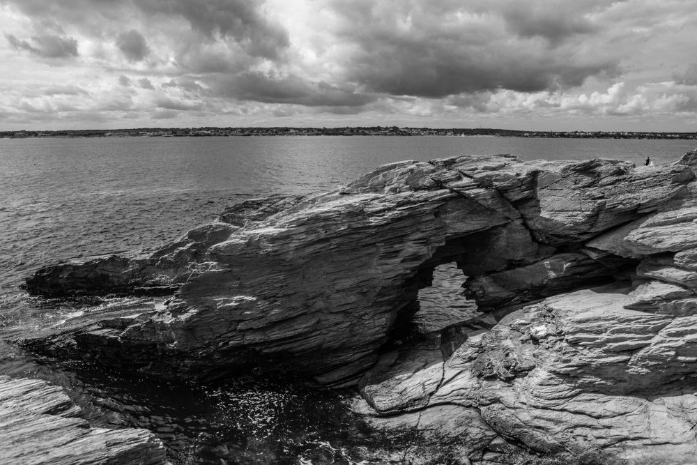 Black and white photo of the rocky coast in Jamestown, Rhode Island