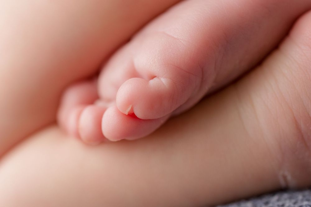 Close-up macro shot of a newborn baby's tiny toes.